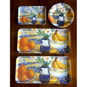 Vtg Set (4) Melamine Trays/Plate Monza R2SAS  Italy Floral Fruit Set Multi Color